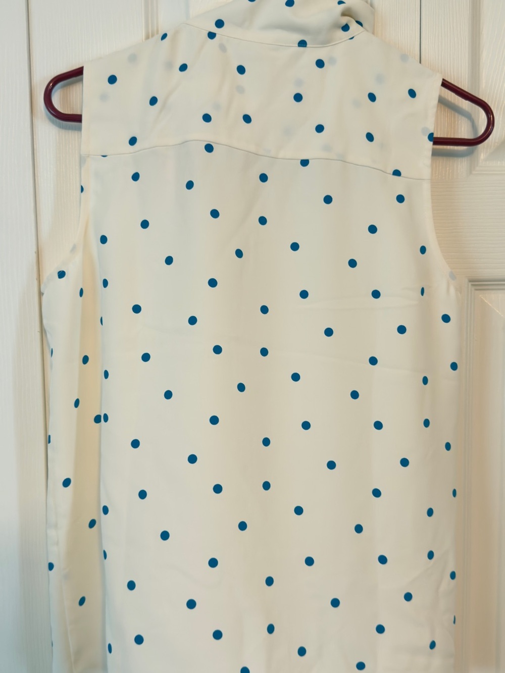 Ann Taylor Cream Sleeveless Polka Dot Tie-Neck Blouse with Blue Dots - Picture 2 of 6